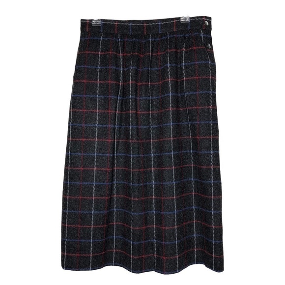 VINTAGE - PANTHER Wool Blend Gray, Blue & Red Plaid Midi Skirt Pockets - Size 14